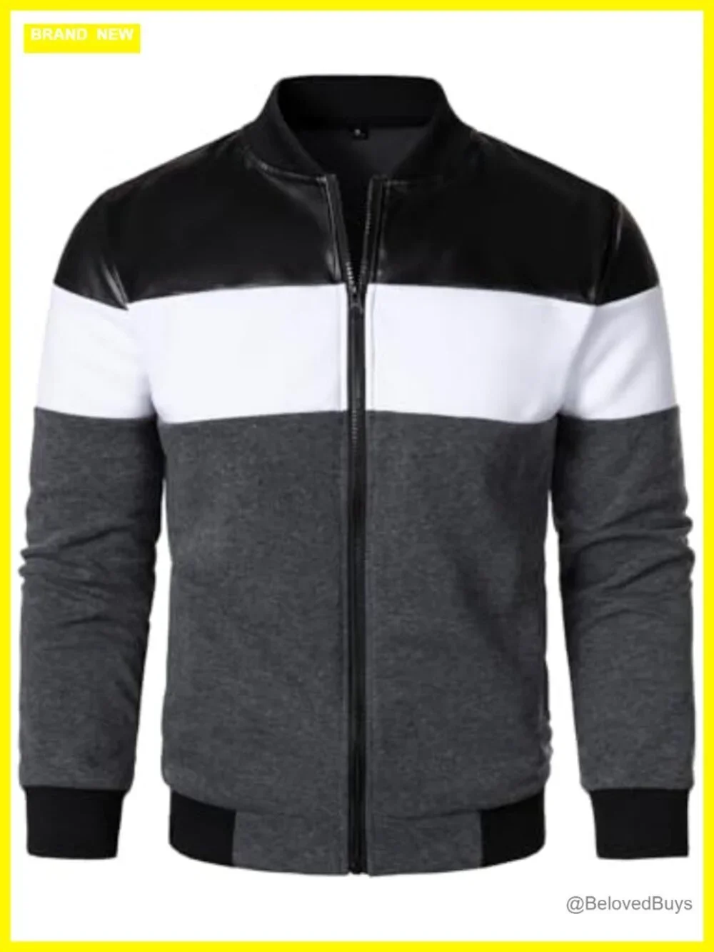 Men's Lightweight Bomber Jacket Faux Leather Color Block Zipper Coat